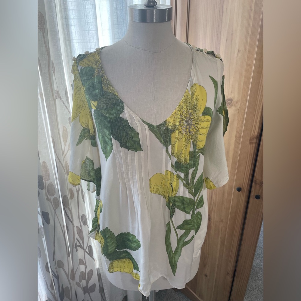 EUC Maeve White Blouse with Yellow & Green Floral Print